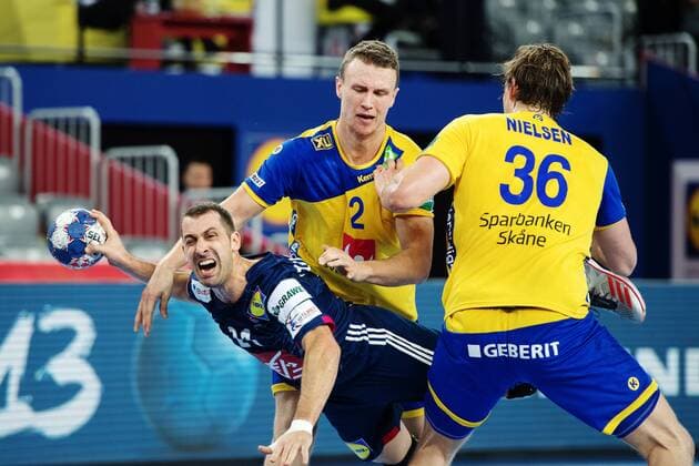 180120 France s Michael Guigou and Swedish Philip Habib and Jesper Nielsen during the handball match between Sweden and France in Handball CHAMPIONSHIP January 20, 2018 2018 in Zagreb  Copyright: LUDVIGxTHUNMAN BB180120LT056