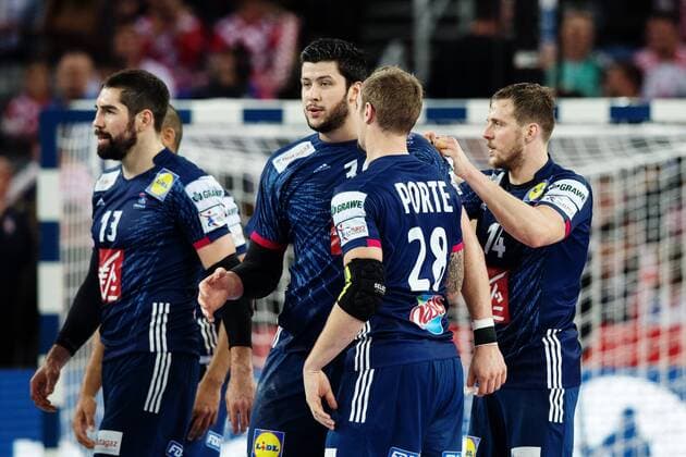 180120 France s Nicolas Tournat Valentin Porte and Kentin Mahe rejoices after the handball match between Sweden and France in Handball CHAMPIONSHIP January 20, 2018 2018 in Zagreb  Copyright: LUDVIGxTHUNMAN BB180120LT075