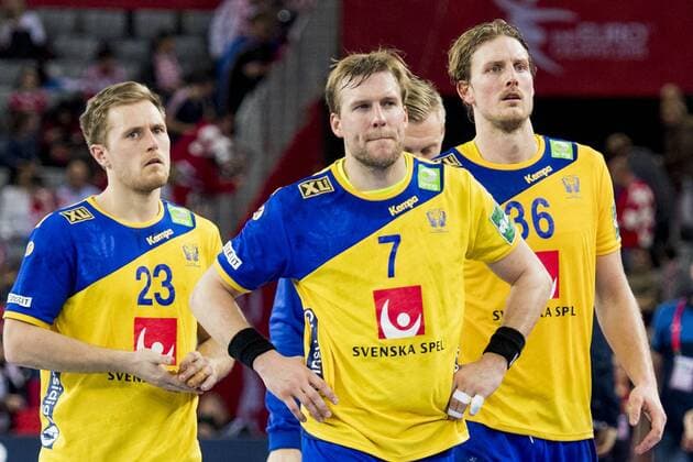 180120 Sweden s Albin Lagergren Max Darj and Jesper Nielsen moping around after the handball match between Sweden and France in Handball CHAMPIONSHIP January 20, 2018 2018 in Zagreb  Copyright: LUDVIGxTHUNMAN BB180120LT087