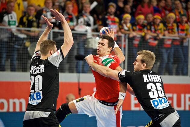 Handball Varazdin 21 01 2018 Championship men s men euro Championships second round Germany GER Denmark DAN Leach said Rasmus Denmark No 11 Philipp Weber Germany no. 20 Julius Kühn Germany no. 35 Kühn Kuhn