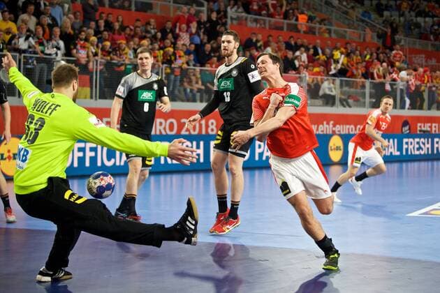 Handball Varazdin 21 01 2018 Championship men s men euro Championships second round Germany GER Denmark DAN LINDBERG Hans Denmark No. 18 Andreas Wolff Germany TW No. 33