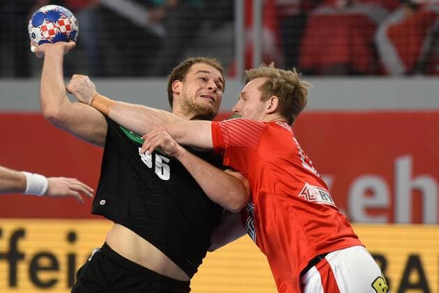 21.01.2018., Arena Varazdin, Varazdin, Croatia - 2018 European Men s Handball Championship, Group II, 4th round, Germany - Denmark. Paul Drux, Peter Balling Christensen.  VjeranxZganec-Rogulja PIXSELL