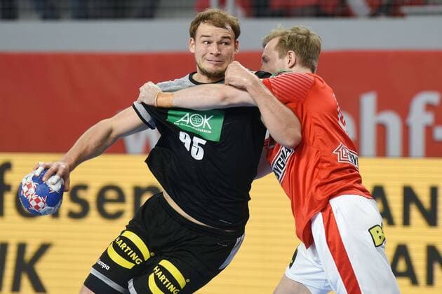 21.01.2018., Arena Varazdin, Varazdin, Croatia - 2018 European Men s Handball Championship, Group II, 4th round, Germany - Denmark. Paul Drux, Peter Balling Christensen.  VjeranxZganec-Rogulja PIXSELL