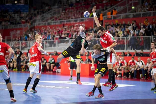 Julius Kuehn Nr 35 Germany and Rune Dahmke Nr 34 Germany against Anders Zachariassen Nr 14 Denmark and Rasmus lye Schmidt Nr 11 Denmark Denmark Germany round handball EHF euro 2018 21 01 18 Varazdin-Varazdin Croatia Varazdin arena Copyright: xAgentur54Gradx xFelixxKoenigx