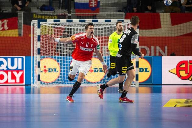Handball, EM, Deutschland - Dänemark LAUGE SCHMIDT Rasmus (Danemark - Denmark) HANDBALL : Allemagne vs Danemark - Championnat d europe EHF - 21 01 2018 TheophileLaurent Panoramic 