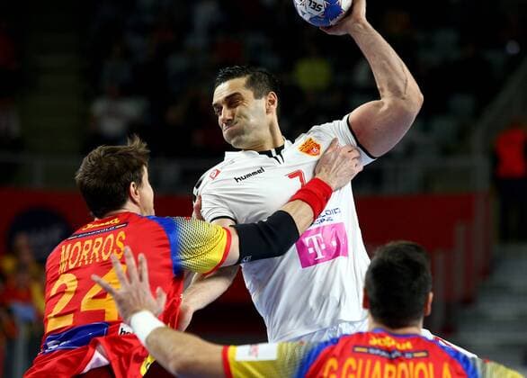 Handball, EM, Mazedonien - Spanien European Handball Championship, Group II, 4th round, FYR Macedonia - Spain 21.01.2018., Arena Varazdin, Varazdin, Croatia - 2018 European Men s Handball Championship, Group II, 4th round, FYR Macedonia - Spain. Kiril Lazarov, Viran Morros de Argila  IgorxKralj PIXSELL