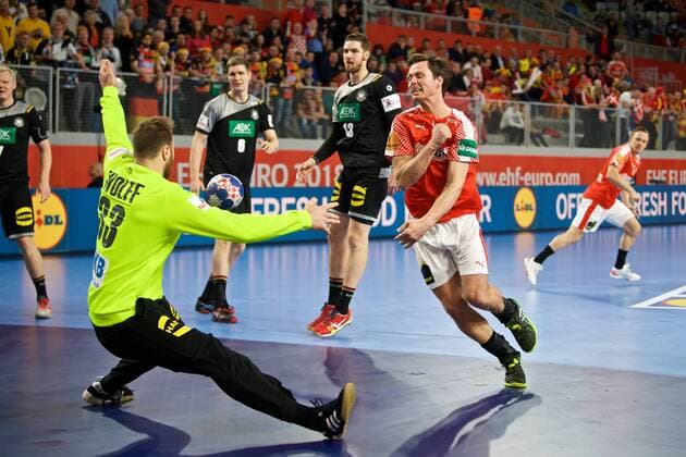 Handball Varazdin 21 01 2018 Championship men s men euro Championships second round Germany GER Denmark DAN LINDBERG Hans Denmark No. 18 Andreas Wolff Germany TW No. 33