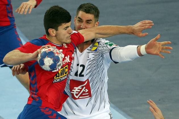 Handball, EM, Serbien - Frankreich European Handball Championship, Group I, 3rd round, Serbia - France 22.01.2018., Arena Zagreb, Zagreb, Croatia - 2018 European Men s Handball Championship, Group I, 3rd round, Serbia - France. Milan Jovanovic, Luka Karabatic DaliborxUrukalovic PIXSELL