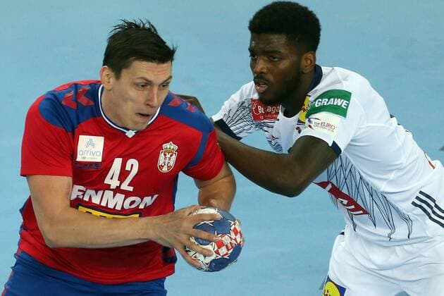 Handball, EM, Serbien - Frankreich European Handball Championship, Group I, 3rd round, Serbia - France 22.01.2018., Arena Zagreb, Zagreb, Croatia - 2018 European Men s Handball Championship, Group I, 3rd round, Serbia - France. Nemanja Obradovic, Dika Mem DaliborxUrukalovic PIXSELL