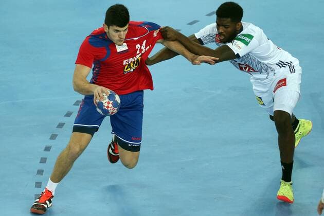 Handball, EM, Serbien - Frankreich European Handball Championship, Group I, 3rd round, Serbia - France 22.01.2018., Arena Zagreb, Zagreb, Croatia - 2018 European Men s Handball Championship, Group I, 3rd round, Serbia - France. Milan Jovanovic, Dika Mem DaliborxUrukalovic PIXSELL