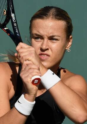 NEWPORT BEACH, CA - JANUARY 23: Anna Karolina Schmiedlova (SVK) watches her return shot in the first set of a match against Francesca Schiavone (ITA) during the Oracle Challenger Series tennis tournament played on January 23, 2018 at the Newport Beach Tennis Club in Newport Beach, CA. (Photo by John Cordes Icon Sportswire) TENNIS: JAN 23 Oracle Challenger Series Icon506180123008 EDITORIAL USE ONLY