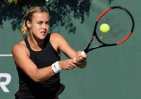 NEWPORT BEACH, CA - JANUARY 23: Anna Karolina Schmiedlova (SVK) returns a shot in the first set of a match against Francesca Schiavone (ITA) during the Oracle Challenger Series tennis tournament played on January 23, 2018 at the Newport Beach Tennis Club in Newport Beach, CA. (Photo by John Cordes Icon Sportswire) TENNIS: JAN 23 Oracle Challenger Series Icon506180123013 EDITORIAL USE ONLY