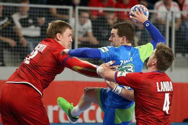European Handball Championship, Group II, 3rd round, Slovenia - Czech Republic 24.01.2018., Arena Varazdin, Varazdin, Croatia - 2018 European Men s Handball Championship, Group II, 3rd round, Slovenia - Czech Republic. Peter Slachta, Miha Zarabec, Jan Landa  GoranxStanzl PIXSELL