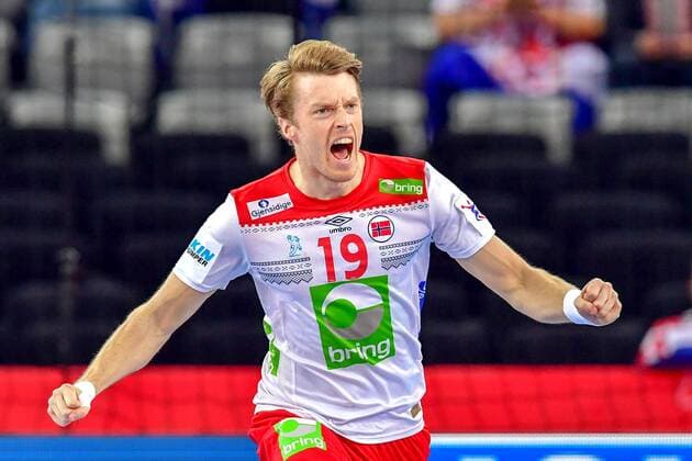 180124 Norway s Kristian Bjornsen exults in the handball match between Sweden and Norway during Handball CHAMPIONSHIPS on January 24, 2018 2018 in Zagreb  Copyright: LUDVIGxTHUNMAN BB180124LT030
