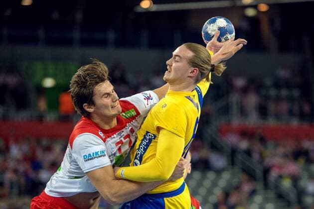 180124 Norway s Magnus Rod and Sweden s Lukas N during handball match between Sweden and Norway during Handball CHAMPIONSHIPS on January 24, 2018 2018 in Zagreb  Copyright: LUDVIGxTHUNMAN BB180124LT033