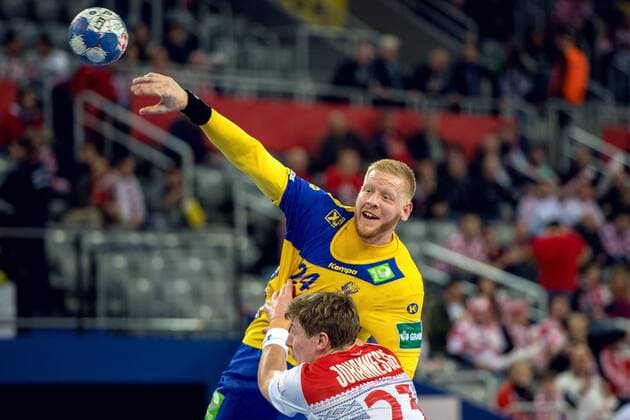 180124 Sweden s Jim gottfridsson and Norway s Goran Johannessen in handball game between Sweden and Norway during Handball CHAMPIONSHIPS on January 24, 2018 2018 in Zagreb  Copyright: LUDVIGxTHUNMAN BB180124LT041