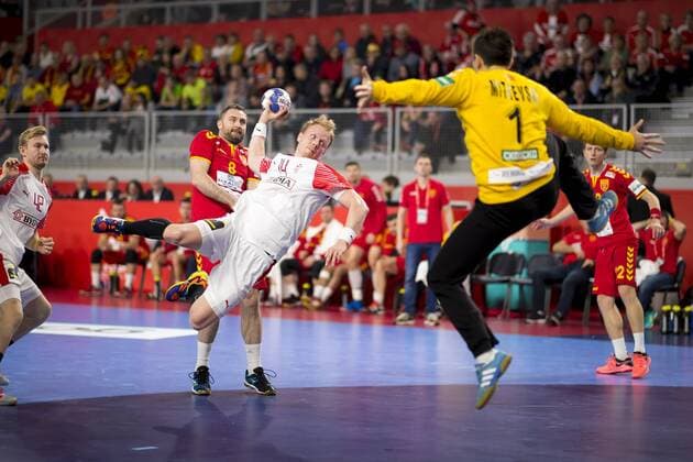 Anders Zachariassen Nr 14 Denmark against Pribak Nemanja Nr 8 Macedonia and goalkeeper Nikola Mitrevski Nr 1 Macedonia Macedonia Denmark round handball EHF euro 2018 24 01 18 Varazdin-Varazdin Croatia Varazdin arena Copyright: xAgentur54Gradx xFelixxKoenigx