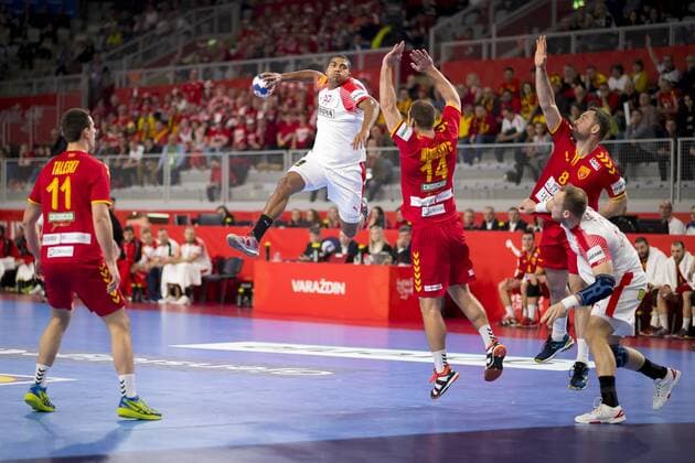 Mads Mensah Larsen Nr 22 Denmark against Velko Syncho ski Nr 14 Macedonia Macedonia Denmark round handball EHF euro 2018 24 01 18 Varazdin-Varazdin Croatia Varazdin arena Copyright: xAgentur54Gradx xFelixxKoenigx