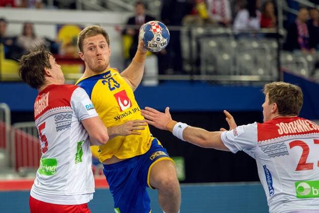 Norges Sagosen 180124 Sander and Goran Johannessen and Albin Lagergren in handball game between Sweden and Norway during Handball CHAMPIONSHIPS on January 24, 2018 2018 in Zagreb  Copyright: LUDVIGxTHUNMAN BB180124LT061