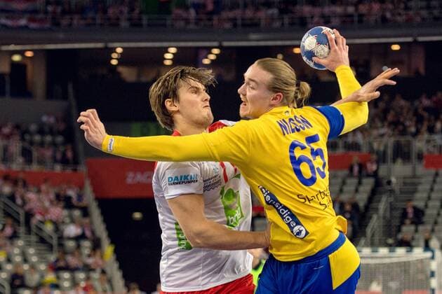 180124 Norway s Magnus Rod and Sweden s Lukas N during handball match between Sweden and Norway during Handball CHAMPIONSHIPS on January 24, 2018 2018 in Zagreb  Copyright: LUDVIGxTHUNMAN BB180124LT064