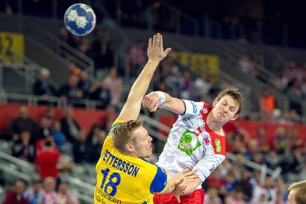 180124 Sagosen of Norway and Sweden s Fredric Sander P during handball match between Sweden and Norway during Handball CHAMPIONSHIPS on January 24, 2018 2018 in Zagreb  Copyright: LUDVIGxTHUNMAN BB180124LT079