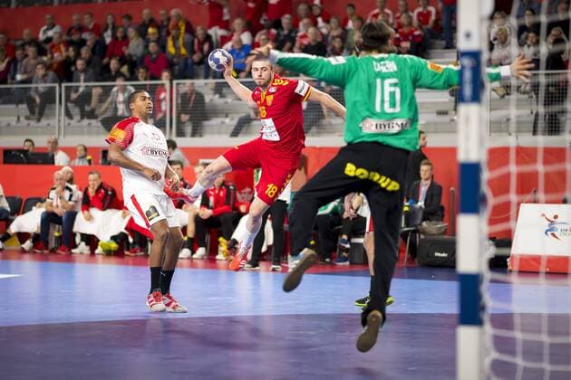 Filip Kuzmanovski No.18 Macedonia against Mads Mensah Larsen Nr 22 Denmark and Jannick Green Krejberg No. 16 Denmark Macedonia Denmark round handball EHF euro 2018 24 01 18 Varazdin-Varazdin Croatia Varazdin arena Copyright: xAgentur54Gradx xFelixxKoenigx