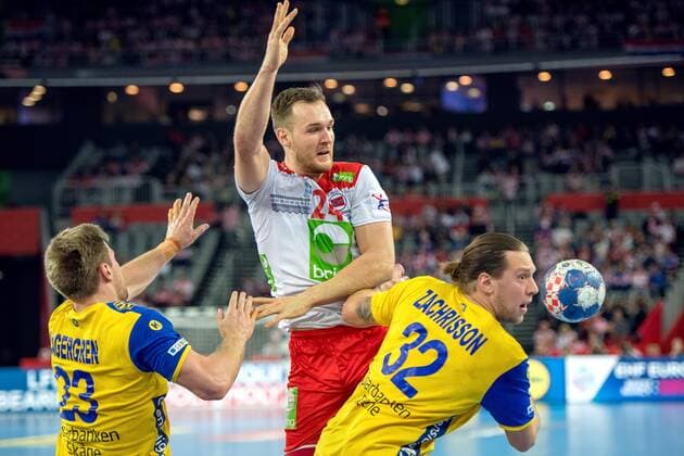 180124 Norway s Christian O Sullivan and Sweden s Mattias Albin Lagergren and Zachrisson handball match between Sweden and Norway during Handball CHAMPIONSHIPS on January 24, 2018 2018 in Zagreb  Copyright: LUDVIGxTHUNMAN BB180124LT136