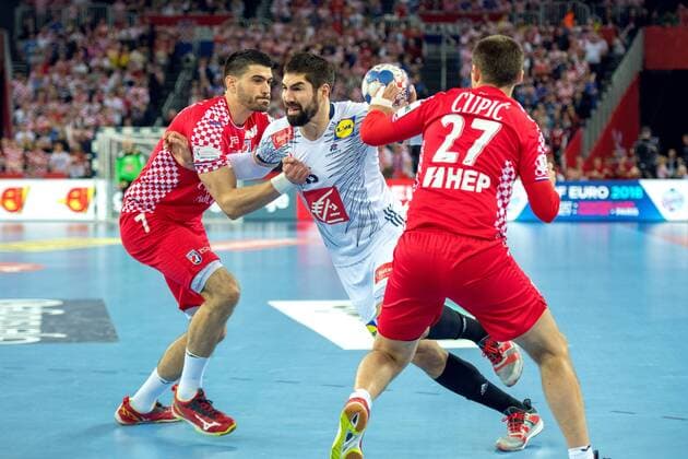 180124 Nikola Karabatic of France and Croatia s Luka Stepancic and Ivan Cupic during handball match between Croatia and France during Handball CHAMPIONSHIPS on January 24, 2018 2018 in Zagreb  Copyright: LUDVIGxTHUNMAN BB180124LT152