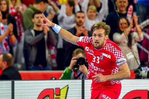 180124 Croatia s Luka Cindric exults in the handball match between Croatia and France during Handball CHAMPIONSHIPS on January 24, 2018 2018 in Zagreb  Copyright: LUDVIGxTHUNMAN BB180124LT153