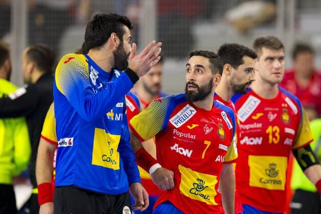 Rodrigo Corrales Nr 44 Spain and Valero Rivera No. 7 Spain Germany Spain-half round handball EHF euro 2018 24 01 18 Varazdin-Varazdin Croatia Varazdin arena Copyright: xAgentur54Gradx xJohnxGarvex