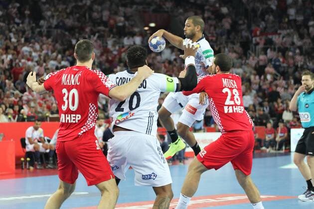 24th January 2018, Arena Zagreb, Zagreb, Croatia; 2018 European Mens Handball Championship, Croatia versus France; Nicola Claire and C& xe9;dric Sorhaindo (France) on the attack against Marko Mamic and Zeljko Musa (Ser)  ActionPlus11976887