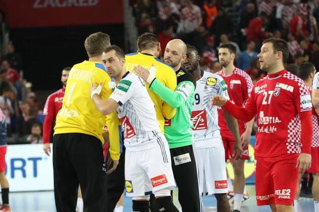 24th January 2018, Arena Zagreb, Zagreb, Croatia; 2018 European Mens Handball Championship, Croatia versus France; C& xe9;l& xe9;bration for their Victory from the French players  ActionPlus11976904