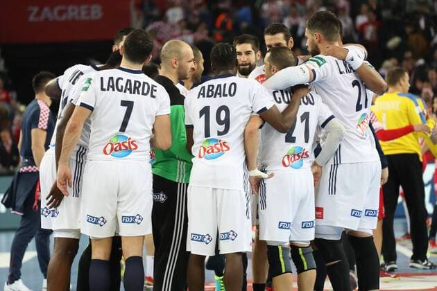 24th January 2018, Arena Zagreb, Zagreb, Croatia; 2018 European Mens Handball Championship, Croatia versus France; C& xe9;l& xe9;bration for their Victory from the French players  ActionPlus11976905