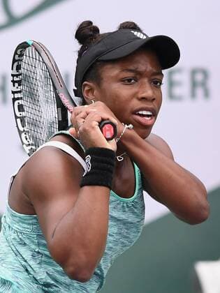 NEWPORT BEACH, CA - JANUARY 25: Sachia Vickery (USA) watches her shot during the first set of a match against Rebecca Peterson (SWE) during the Oracle Challenger Series tournament played on January 25, 2018 at the Newport Beach Tennis Club in Newport Beach, CA. (Photo by John Cordes Icon Sportswire) TENNIS: JAN 25 Oracle Challenger Series Icon506180125011 EDITORIAL USE ONLY