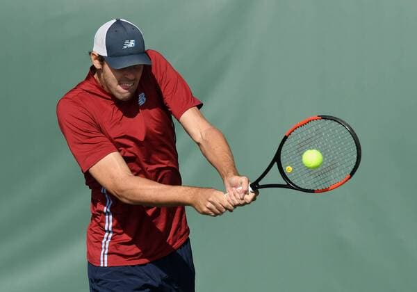 NEWPORT BEACH, CA - JANUARY 25: Reilly Opelka (USA) hits a backhand shot during a match against Dennis Novikov (USA) during the Oracle Challenger Series tournament played on January 25, 2018 at the Newport Beach Tennis Club in Newport Beach, CA. (Photo by John Cordes Icon Sportswire) TENNIS: JAN 25 Oracle Challenger Series Icon506180125049 EDITORIAL USE ONLY