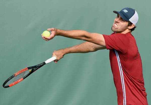 NEWPORT BEACH, CA - JANUARY 25: Reilly Opelka (USA) serving during a match against Dennis Novikov (USA) during the Oracle Challenger Series tournament played on January 25, 2018 at the Newport Beach Tennis Club in Newport Beach, CA. (Photo by John Cordes Icon Sportswire) TENNIS: JAN 25 Oracle Challenger Series Icon506180125050 EDITORIAL USE ONLY