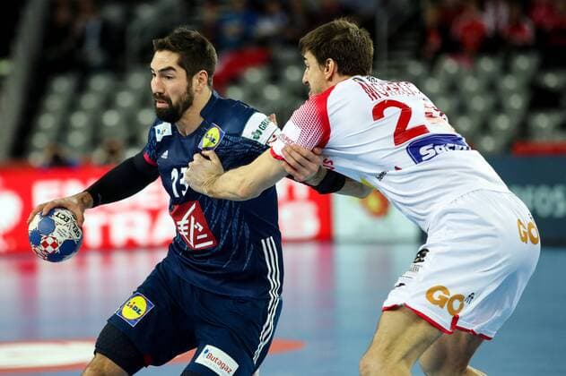 HANDBALL - EHF EURO 2018, FRA vs ESP ZAGREB,CROATIA,26.JAN.18 - HANDBALL - EHF European Championship EM Europameisterschaft semifinal, France vs Spain. Image shows Nikola Karabatic (FRA) and Viran Morros De Argila (ESP). GEPAxpictures xMaticxKlansek