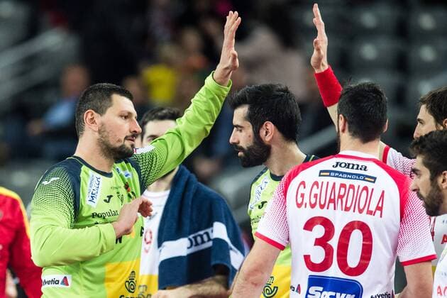 Arpad Sterbik 180126 Capar Spain rejoices in the semi-final between between France and Spain in the European Handball CHAMPIONSHIP January 26, 2018 2018 in Zagreb  Copyright: FREDRIKxVARFJELL BB180126FV022