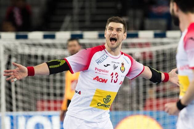 180126 Spain s Julen Aguinagalde Akizu cheering during the semi-final between between France and Spain in the European Handball CHAMPIONSHIP January 26, 2018 2018 in Zagreb  Copyright: FREDRIKxVARFJELL BB180126FV039
