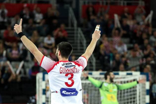HANDBALL - EHF EURO 2018, FRA vs ESP ZAGREB,CROATIA,26.JAN.18 - HANDBALL - EHF European Championship EM Europameisterschaft semifinal, France vs Spain. Image shows the rejoicing of Eduard Gurbindo (ESP). GEPAxpictures xMaticxKlansek