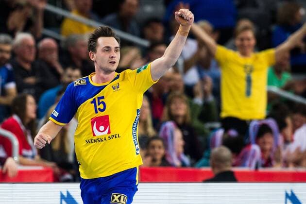 180126 Sweden s Hampus Wanne cheering during the semi-final between Sweden and Denmark in the European Handball CHAMPIONSHIP January 26, 2018 2018 in Zagreb  Copyright: FREDRIKxVARFJELL BB180126FV066
