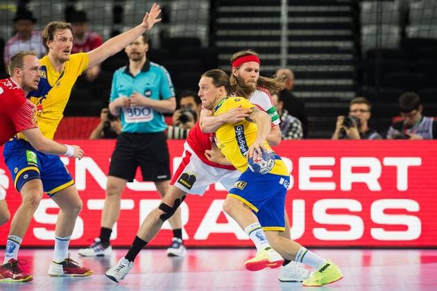 180126 Sweden s Albin Lagergren and Denmark s Mikkel Hansen during the semi-final between Sweden and Denmark in the European Handball CHAMPIONSHIP January 26, 2018 2018 in Zagreb  Copyright: FREDRIKxVARFJELL BB180126FV071