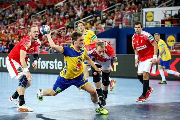 HANDBALL - EHF EURO 2018, DEN vs SWE ZAGREB,CROATIA,26.JAN.18 - HANDBALL - EHF European Championship EM Europameisterschaft semifinal, Denmark vs Sweden. Image shows Henrik Toft Hansen (DEN), Hampus Wanne (SWE) and Rene Hansen Toft (DEN). GEPAxpictures xMaticxKlansek