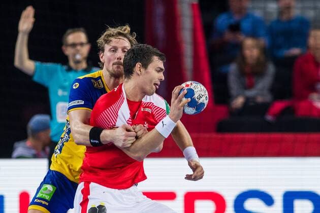 180126 Sweden s Jesper Nielsen and Denmark s Rasmus L. Schmidt during the semi-final between Sweden and Denmark in the European Handball CHAMPIONSHIP January 26, 2018 2018 in Zagreb  Copyright: FREDRIKxVARFJELL BB180126FV083