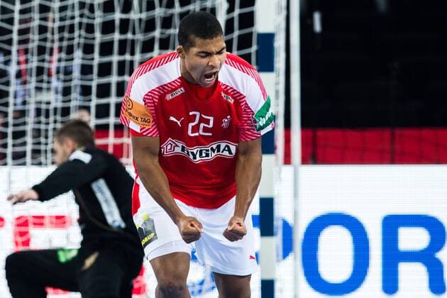 180126 Denmark s Mads Mensah Larsen cheering during the semi-final between Sweden and Denmark in the European Handball CHAMPIONSHIP January 26, 2018 2018 in Zagreb  Copyright: FREDRIKxVARFJELL BB180126FV089