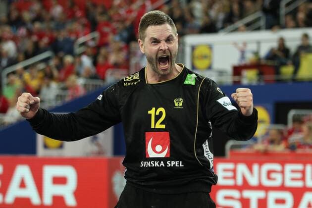 HANDBALL - EHF EURO 2018, DEN vs SWE ZAGREB,CROATIA,26.JAN.18 - HANDBALL - EHF European Championship EM Europameisterschaft semifinal, Denmark vs Sweden. Image shows the rejoicing of Andreas Palicka (SWE). GEPAxpictures xMaticxKlansek