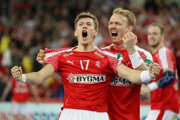 HANDBALL - EHF EURO 2018, DEN vs SWE ZAGREB,CROATIA,26.JAN.18 - HANDBALL - EHF European Championship EM Europameisterschaft semifinal, Denmark vs Sweden. Image shows the rejoicing of Lasse Svan and Anders Zachariassen (DEN). GEPAxpictures xMaticxKlansek
