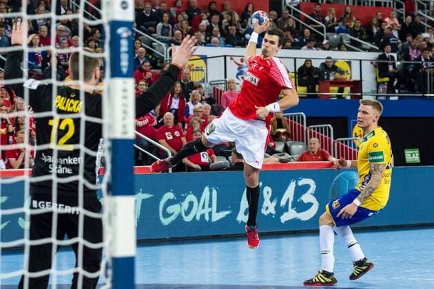 180126 Denmark s Rasmus L. Schmidt during the semi-final between Sweden and Denmark in the European Handball CHAMPIONSHIP January 26, 2018 2018 in Zagreb  Copyright: FREDRIKxVARFJELL BB180126FV093