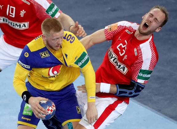European Handball Championship, semifinal, Denmark - Sweden 26.01.2018., Arena Zagreb, Zagreb, Croatia - 2018 European Men s Handball Championship, semifinal, Denmark - Sweden. Henrik Toft Hansen, Jim Gottfridsson  IgorxKralj PIXSELL