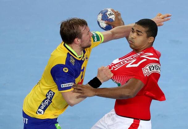European Handball Championship, semifinal, Denmark - Sweden 26.01.2018., Arena Zagreb, Zagreb, Croatia - 2018 European Men s Handball Championship, semifinal, Denmark - Sweden. Max Darj, Mads Mensah Larsen  IgorxKralj PIXSELL